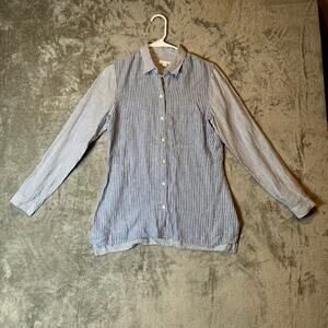J Jill Sz XS Love‎ Linen Essential Striped Long Sleeve Blue White Button Women's